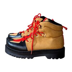 Qupid Red Stripe Hiking Mens Boots Platform Ankle Booties Tan Lace Up Size 10